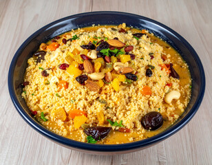 A large bowl of Moroccan couscous with dried fruits, nuts, and vegetable broth
