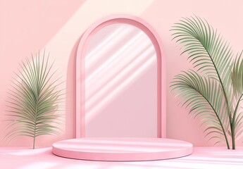 A minimalistic pink display platform with a curved backdrop and green palm leaves. perfect for showcasing products or art in a serene. contemporary setting