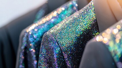 A close-up of a sequined jacket on a hanger.