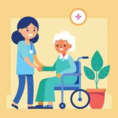 Friendly Nurse Assisting Elderly Woman in Wheelchair in a Healthcare Setting
