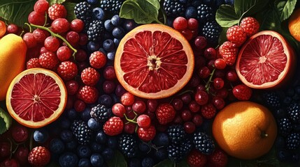 A vibrant illustration featuring three sections of assorted fruits: on the left, a whole strawberry with green leaves,