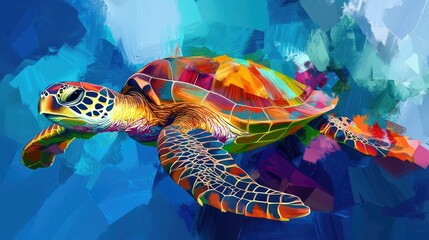 A vibrant, colorful digital illustration of a sea turtle swimming underwater against a geometric blue background.