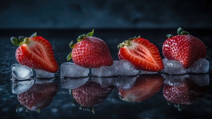 Three fresh strawberries partially immersed in clear ice cubes,