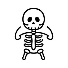 Cartoon skeleton character with skull and ribs in line art vector illustration
