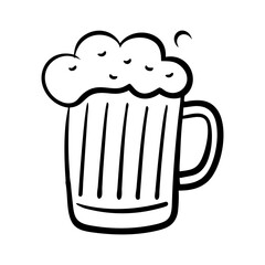 Foamy beer mug with handle and bubbles in black outline vector illustration
