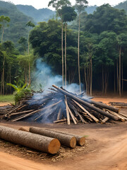 Wood cutting, burning wood, destroying the environment.Area of illegal deforestation of vegetation native to the Laos forest,ASIA.