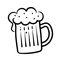 Foamy beer mug with handle and bubbles in black outline vector illustration
