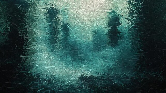 Creepy morning scene in foggy city with sharp fragments forming unique haunted patterns