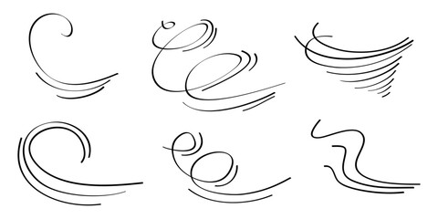 Doodle wind blow, gust, air blow, swirl design elements. isolated on white background. vector hand drawn illustration