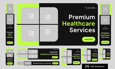 Digital healthcare services web set banner design for social media post, daily medical services web bundle banner design, fully customizable vector eps 10 file format