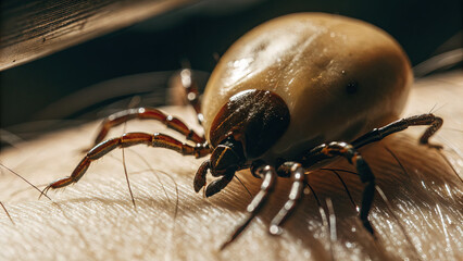 Close-up view of parasitic tick attached to human skin with visible blood droplets, concept of danger from insect bites and disease transmission risks.