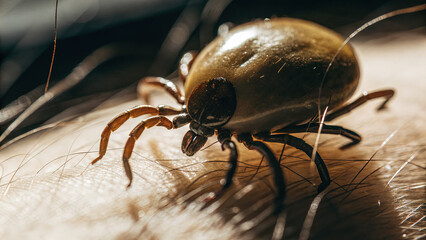 Close-up view of parasitic tick attached to human skin with visible blood droplets, concept of danger from insect bites and disease transmission risks.