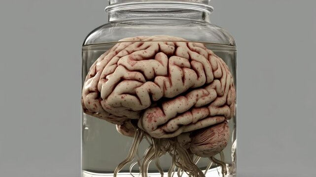 Human brain specimen preserved in a jar with liquid for anatomical study, scientific research, or medical purposes showcasing anatomical structure and detail.