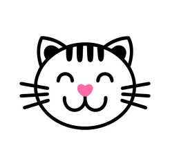 Cute Cat Face Icon with Pink Heart Nose in Minimal Line Art Style  
