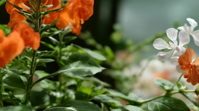 Close-up shot showcases vibrant orange and white Dombeya flower blossoms against a soft green backdrop, emphasizing delicate petals and floral detail