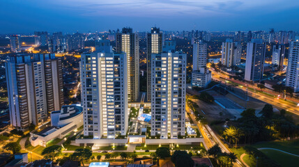 Naklejka premium Aerial view of illuminated modern city buildings