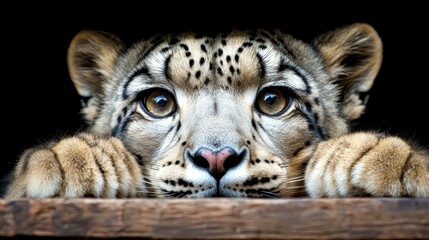 A young snow leopard with striking yellow eyes and a pink nose peers over a wooden fence.