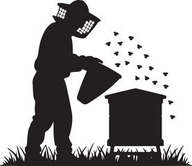 Beekeeper With Protective Suit Tending Beehive In Field Silhouette Design Vector.