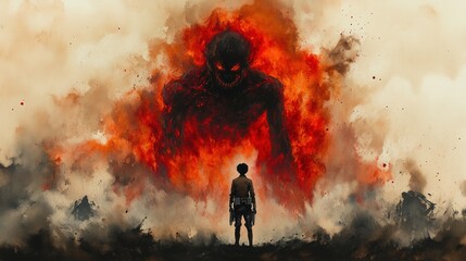 Fierce titan, boy confronts giant