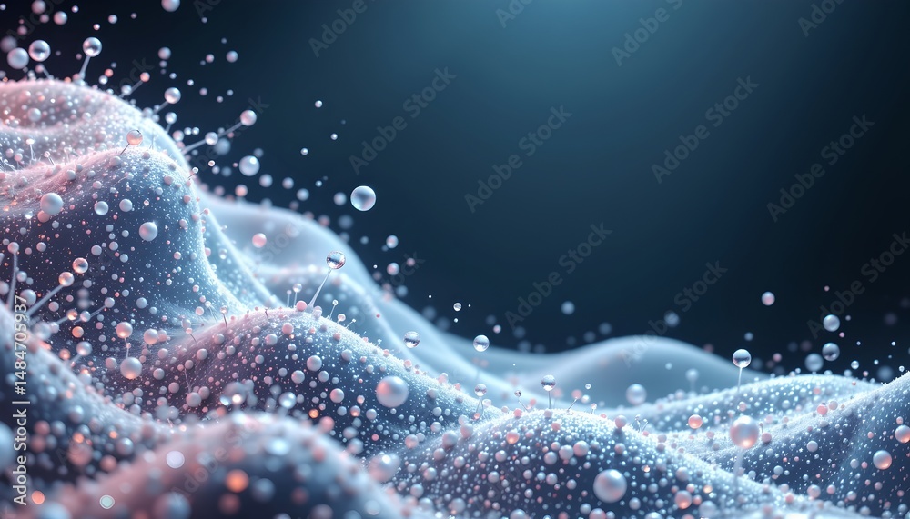 Poster a soft blue and pink background with abstract 3d rendering of waving shapes and patterns