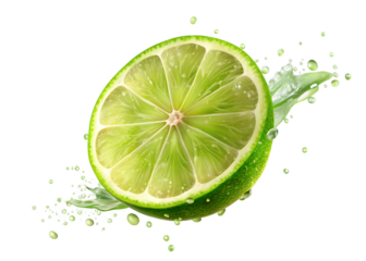 Fresh green lime slice with water splashing. Slow camera fade in. 3D footage
