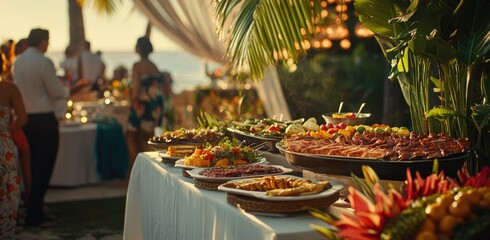 A vibrant beachside buffet at sunset. featuring an array of colorful dishes on a long table. with guests mingling under palm trees and a soft ocean breeze in the background
