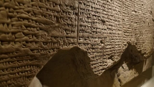 Ancient clay tablet with cuneiform script detailing historical texts and early form of writing in Sumerian civilization.
