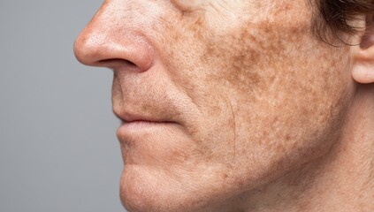Fototapeta premium Close-up of a man's face with visible freckles and light complexion.