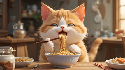 Cute chubby animated cat eating noodles