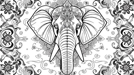 Ornate Elephant Head Design on a Damask Background
