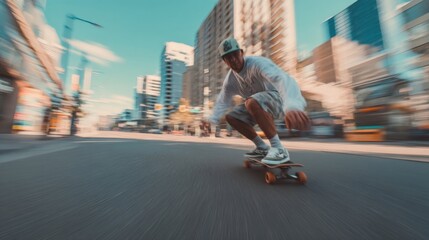 Skateboarder Riding Through City Street With Motion Blur, Representing Urban Exploration and Youthful Energy : Generative AI