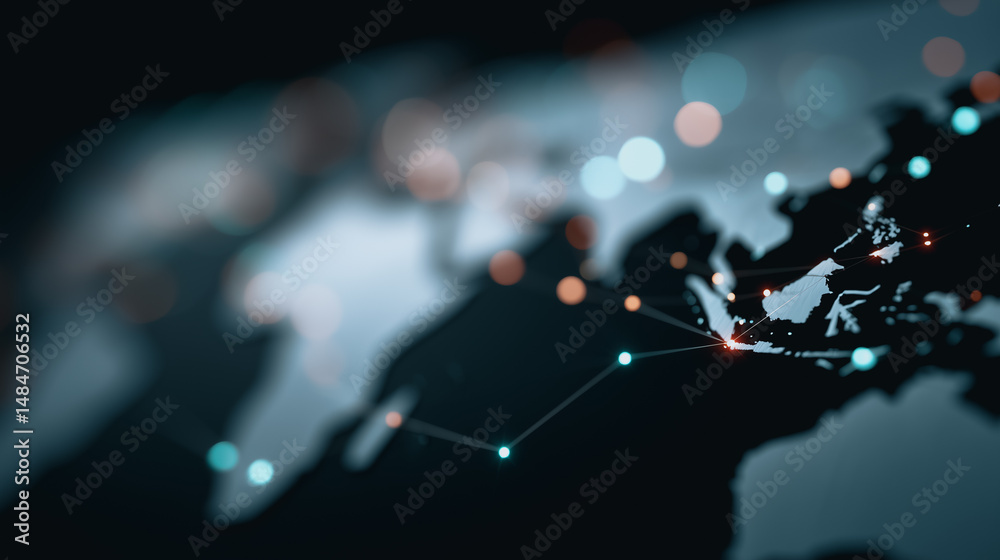 Poster global connection: an artistic representation of global networks and data flow across a map of the w