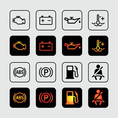 Car dashboard warning lights set