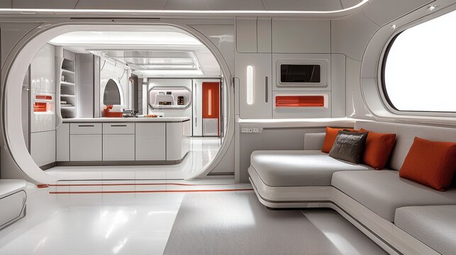 A futuristic living room with a curved wall, white sofa, and orange accent pillows.