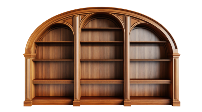 Elegant arched wooden bookcase with multiple shelves