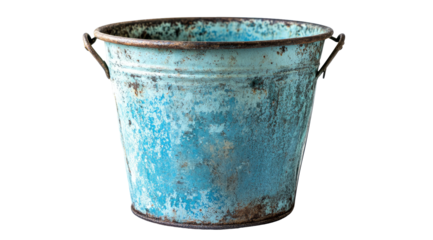 Rustic, teal metal bucket with faded paint and rust showing wear