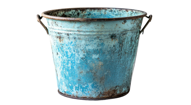 Rustic, teal metal bucket with faded paint and rust showing wear