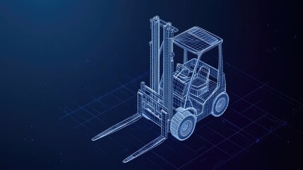 A detailed 3D wireframe representation of a forklift. showcasing its design and structure against a gradient blue background. perfect for educational and industrial use