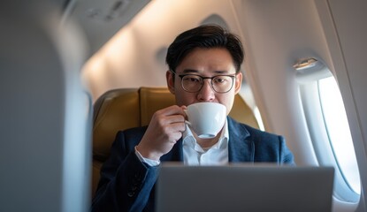 Asian man sipping coffee on an airplane.
