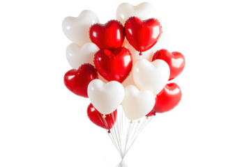 A bunch of red and white heart shaped balloons floating together on transparent background