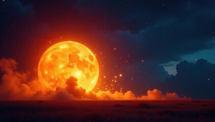 Fiery orange fireball explodes against night sky, red, fiery, dramatic