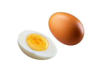 Single whole boiled egg with halved egg flying isolated on transparent or white background
