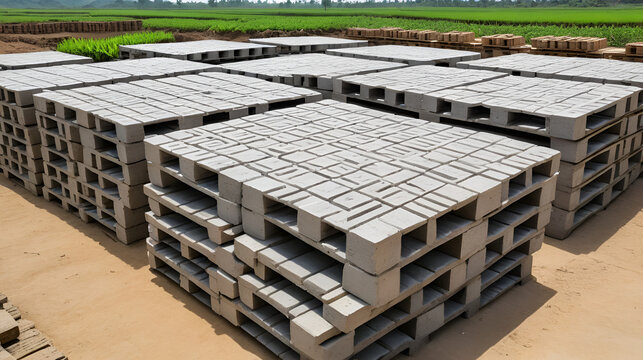 Extruded concrete building bricks drying on outdoor pallets in rural Vietnam