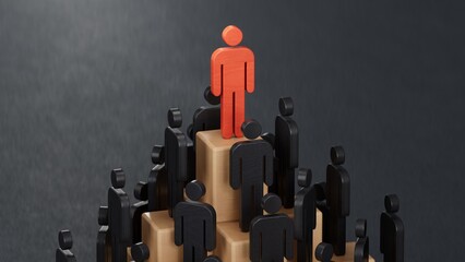 Leadership concept, red pawn of Wooden doll, standing out from the crowd of Wooden dolls.Leadership with business success concept. 3D rendering on black background.
