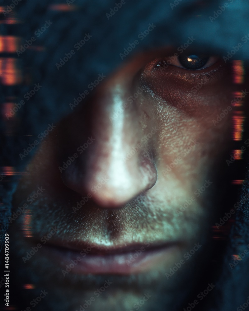 Aufkleber Close-Up of a Man's Face in Shadow With Glitch Effects, Conveying Mystery and Digital Intrigue for Cyber Security Concepts and Modern Surveillance Themes : Generative AI