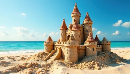 Intricate sandcastle on a sunny beach, complete with towers and moat , waves, sea