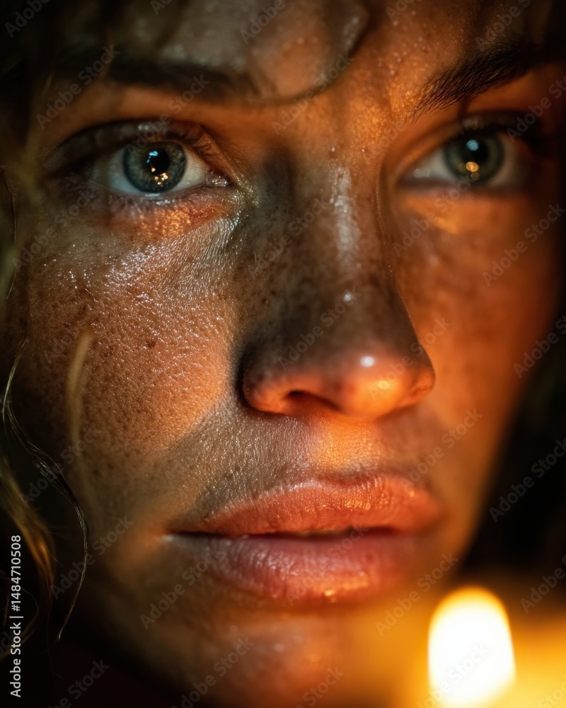 Poster extreme close up of woman's face illuminated by warm light from below showing intense emotion and we