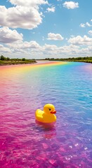 Obraz premium Duck rainbow water sky clouds summer river yellow colorful nature vibrant bright idyllic scenic