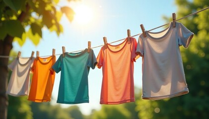 Bright sunlight illuminates freshly laundered clothes hanging on a line , textile, wash