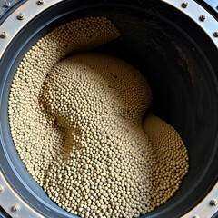 Inside a massive rotating drum machine, iron pellets in various sizes cascade and tumble, undergoing agitation and oxidation to form uniform granules for industrial use.